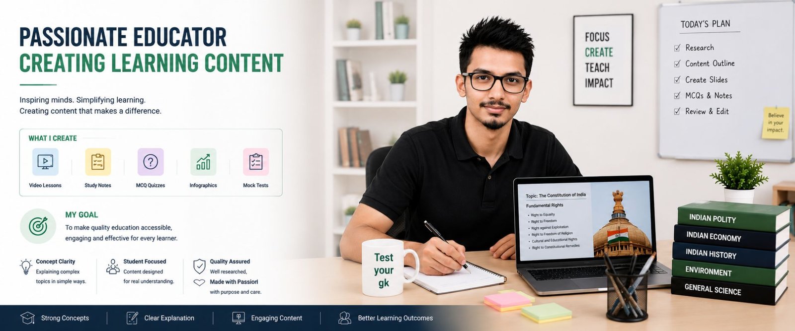 Professional educator creating educational content on laptop with study notes, UPSC books, and modern workspace setup for online learning.