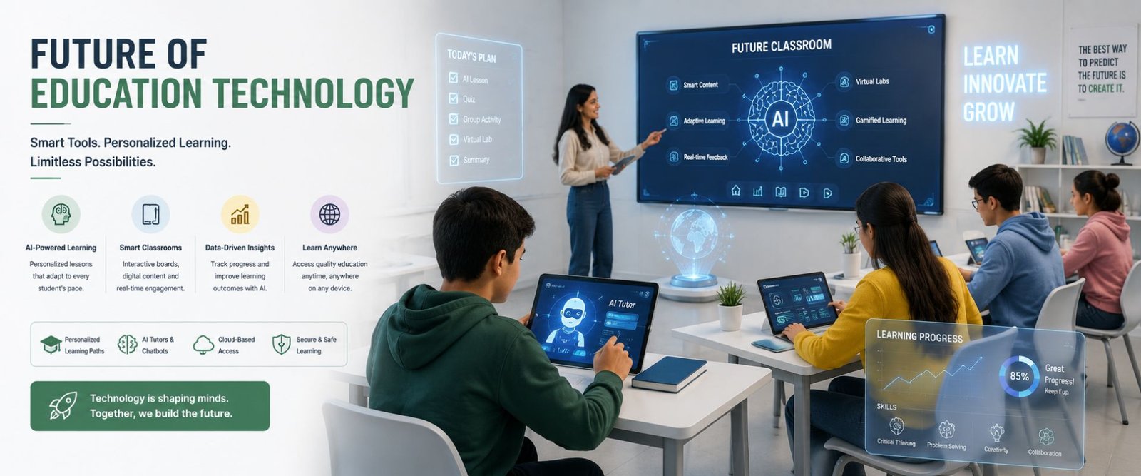 Future classroom with students using AI learning tools, digital education technology, smart screens, and futuristic educational interfaces.