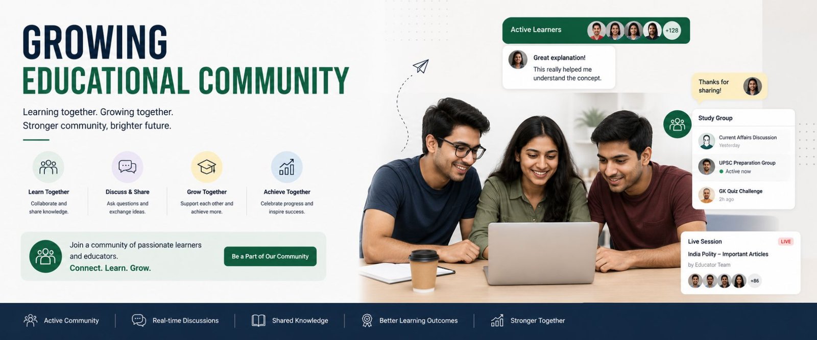 Students learning together in an online educational community with collaborative study, social learning, and digital engagement concepts.