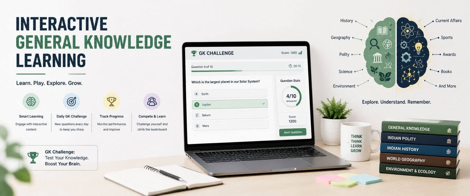 Interactive general knowledge learning interface with online GK quiz dashboard, educational books, laptop, and brain illustration in a minimalist setup.