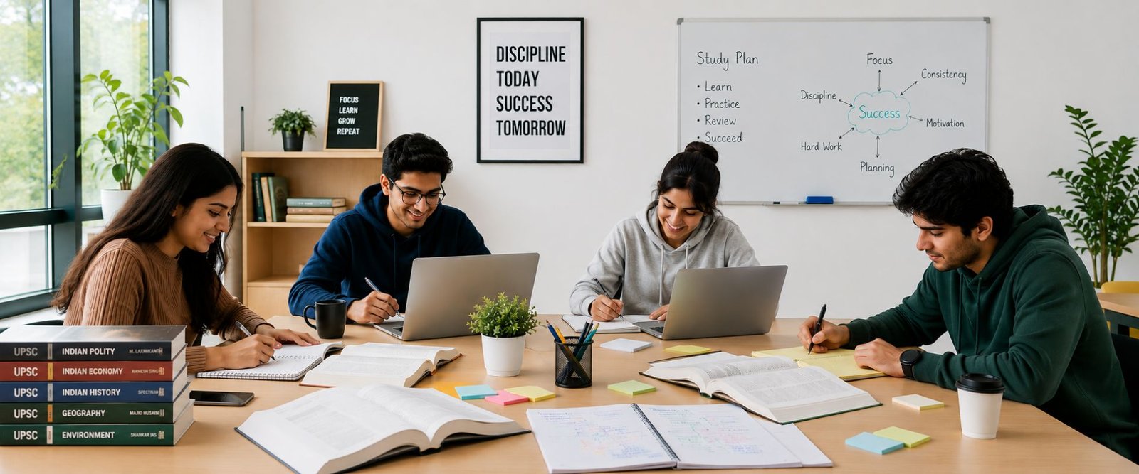 Modern educational workspace with students studying together using laptops, open books, notes, and UPSC preparation materials in a clean minimalist classroom.