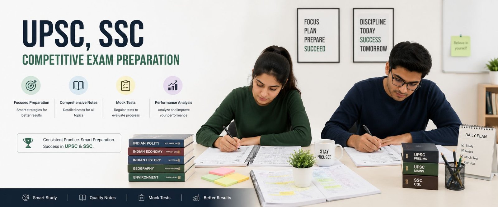 Students preparing for UPSC and SSC exams with mock tests, study notes, MCQs, and competitive exam books in a modern study setup.
