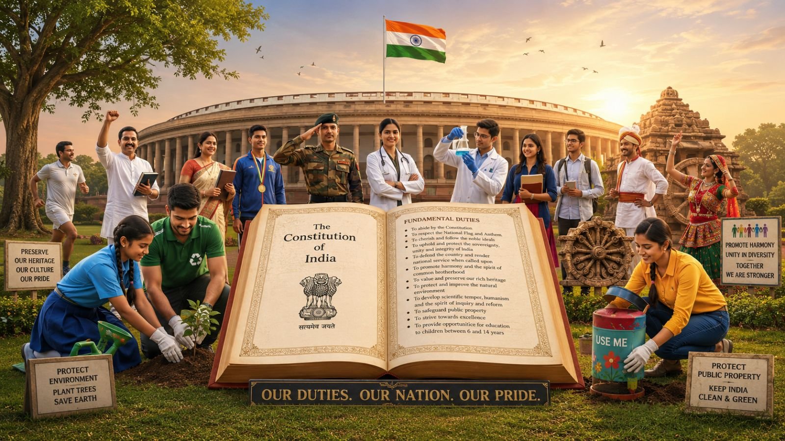 Illustration of diverse Indian citizens including students, teachers, scientists, soldiers, and environmental volunteers standing around an open Constitution of India book, with the Indian Parliament and national flag in the background, symbolizing the 11 Fundamental Duties of Indian Constitution