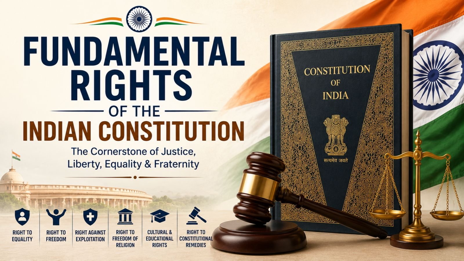 Infographic explaining the 6 Fundamental Rights of the Indian Constitution with Articles for UPSC, SSC, Banking, Railway, and State PSC exams.
