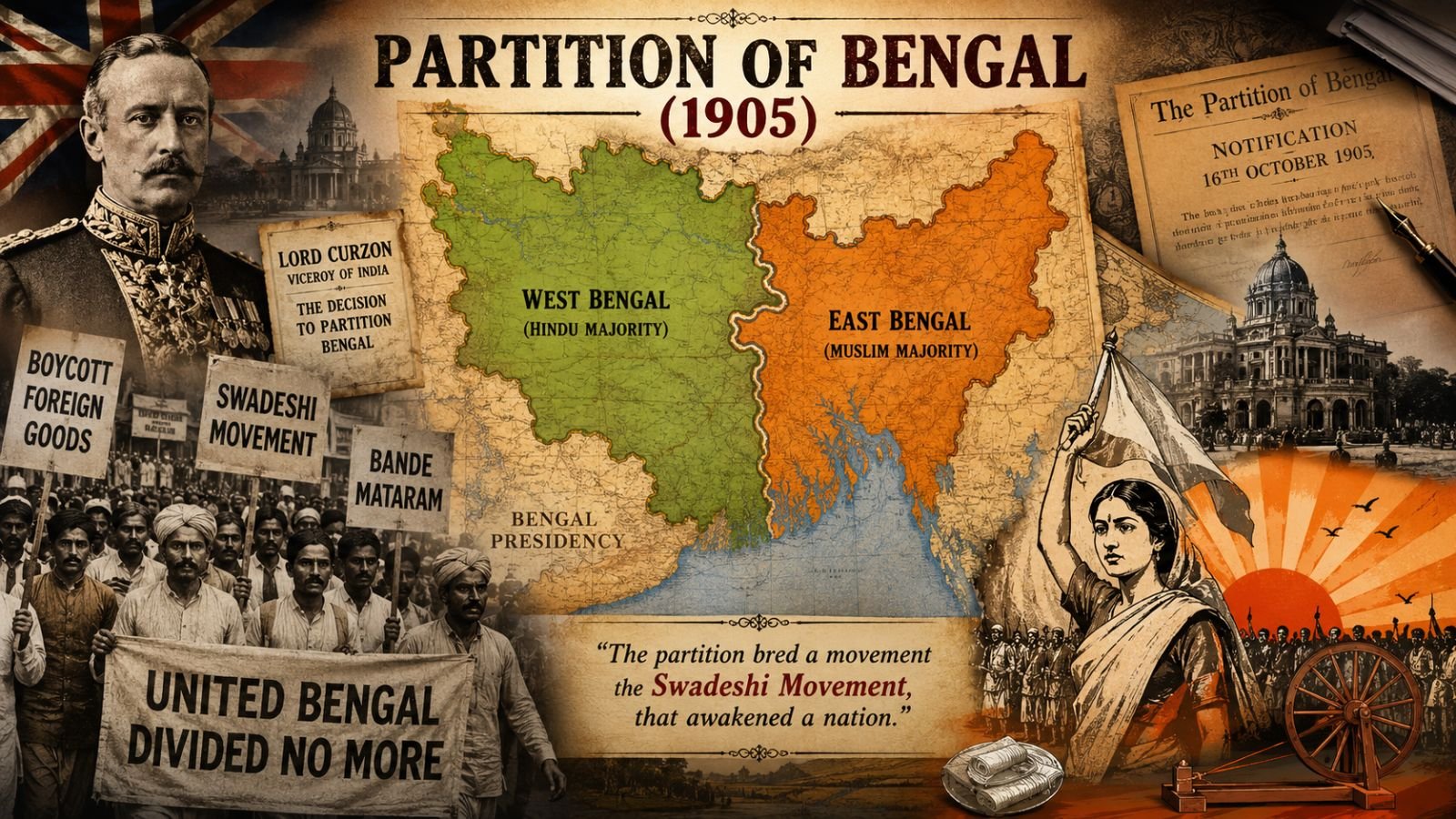 MCQs on Partition of Bengal 1905 historical illustration showing Lord Curzon, a map of the divided Bengal Presidency, Swadeshi Movement protests, boycott of foreign goods, Bande Mataram slogans, and Indian nationalist demonstrations against British rule.