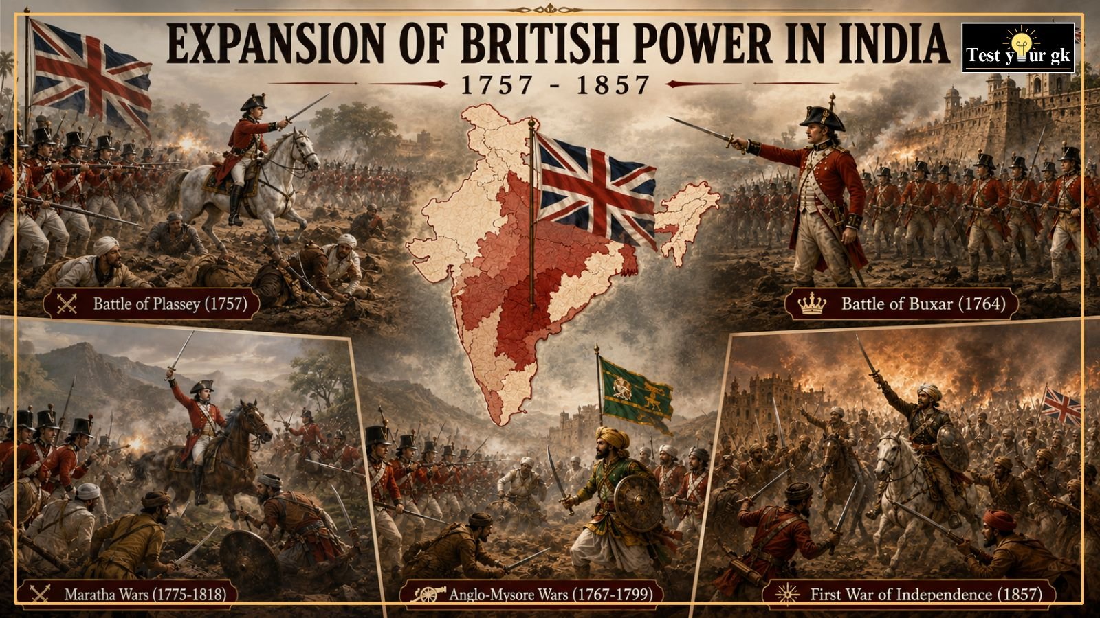 Expansion of British Power in India from 1757 to 1857 showing major battles and British expansion
