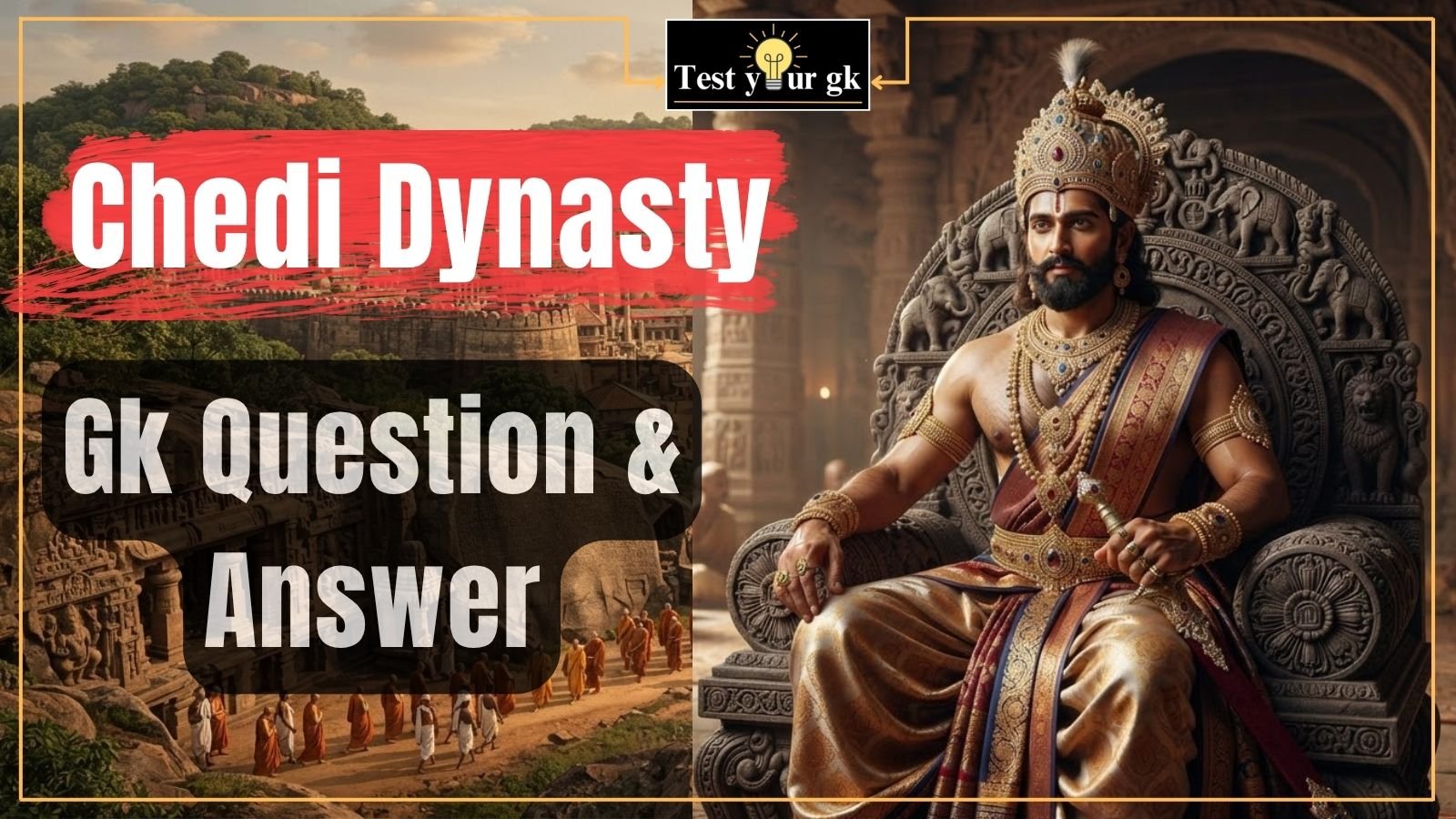 50+ Gk MCQs about Chedi dynasty of Kalinga quiz banner for UPSC SSC Bank PSC exam preparation"