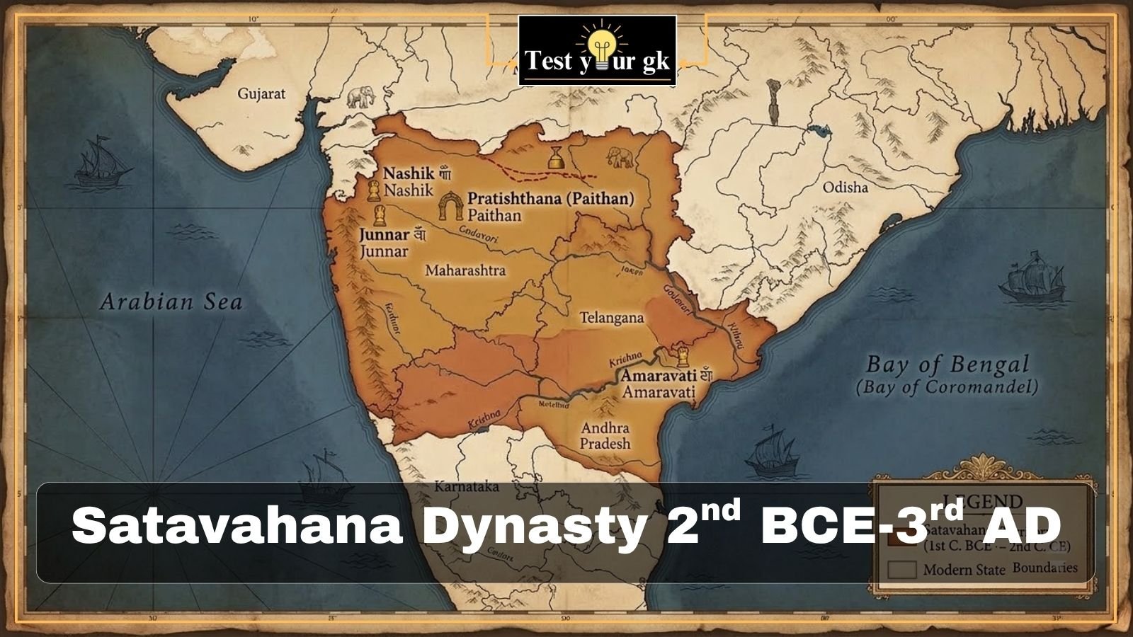50+ GK MCQs on Satavahana Dynasty quiz banner for UPSC SSC Bank exams